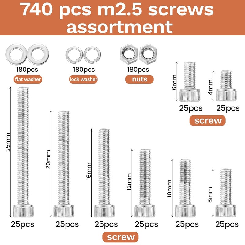 Hapric 740 Pcs M2.5 Screws Kit M2.5 Screw Assortment Nuts and Bolts Assortment Kit Metric Machine Screw Kit, 304 Stainless Steel Hex Socket Head Screws Nuts Bolts and Washers Set - Image 2